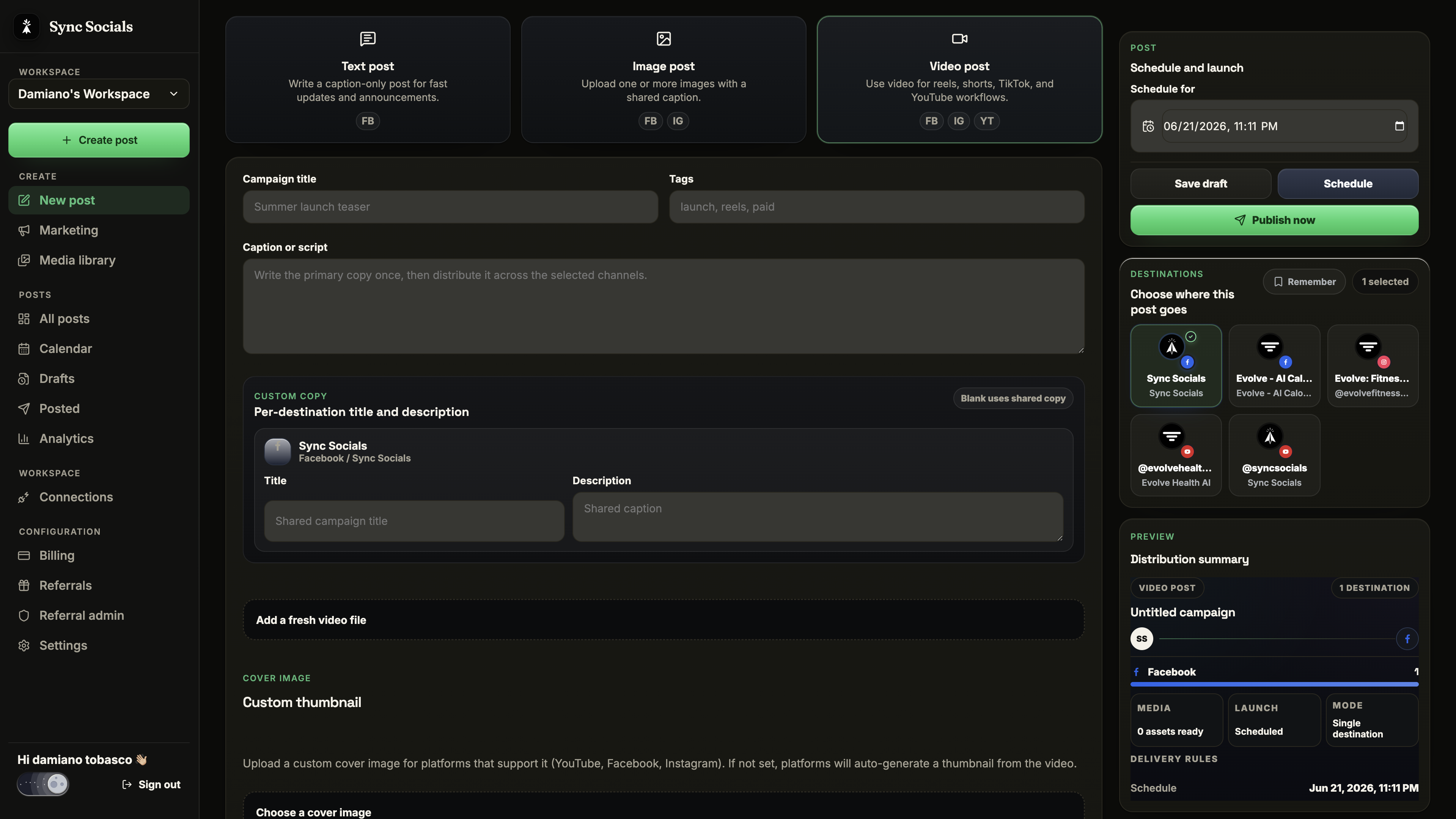 Sync Socials dashboard - compose a post and publish it to Instagram, Facebook, and YouTube at once